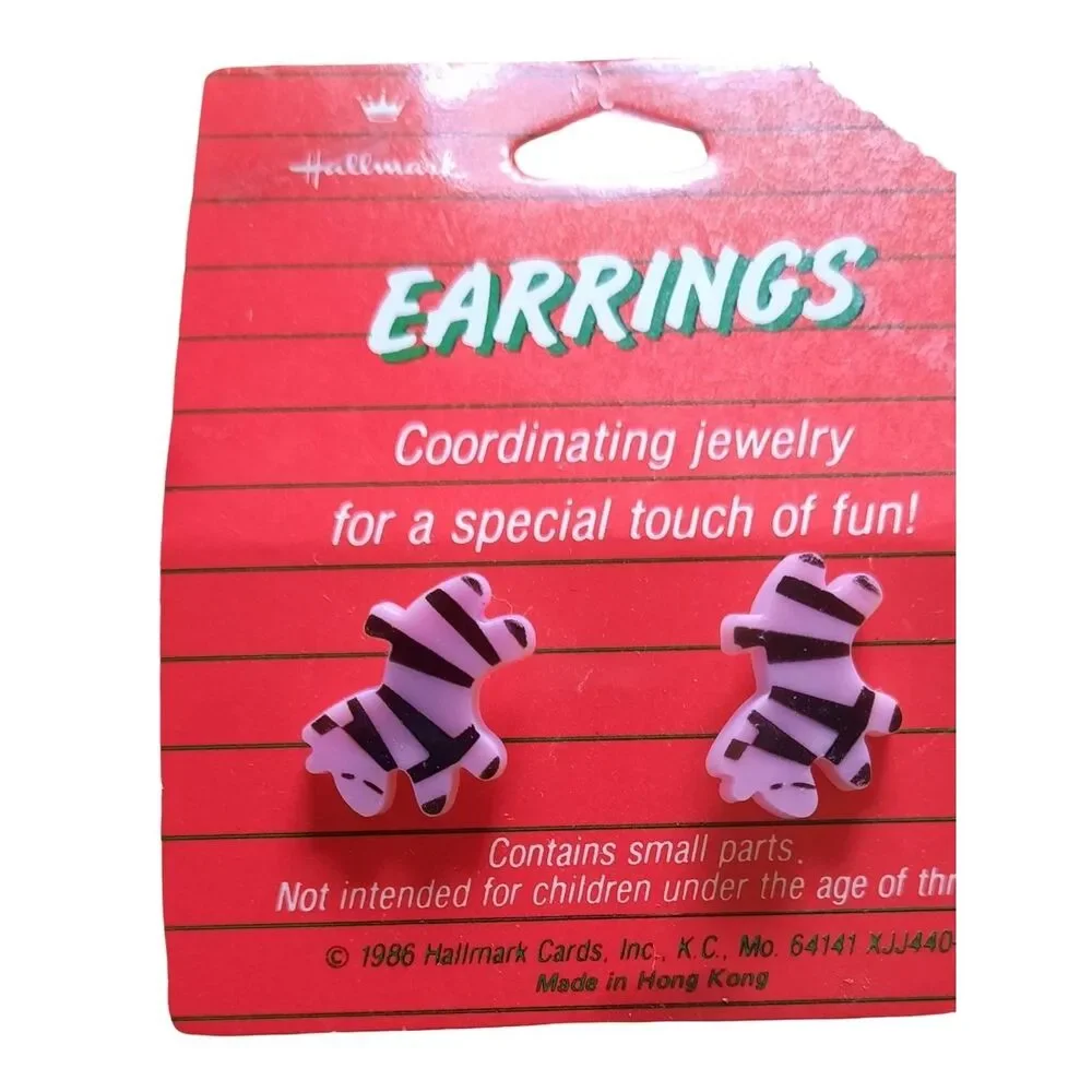 Hallmark Pink and Black Zebra Teddy Bear Stud Earrings